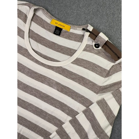 St. John Tops - St John Blouse Women's Large Yellow Label Ivory Tan Stripe 3/4 Sleeve Zipper